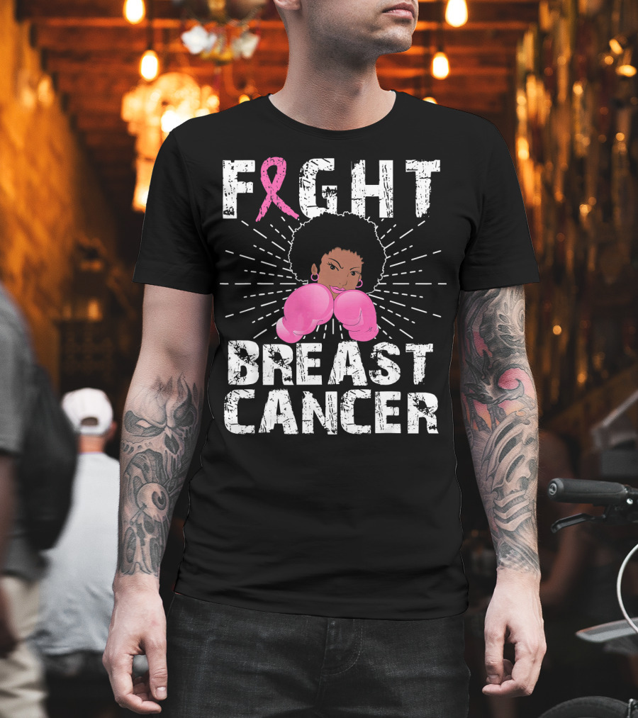 FIGHT Breast Cancer Pink Ribbon Afro Woman Boxing Gloves T-Shirt