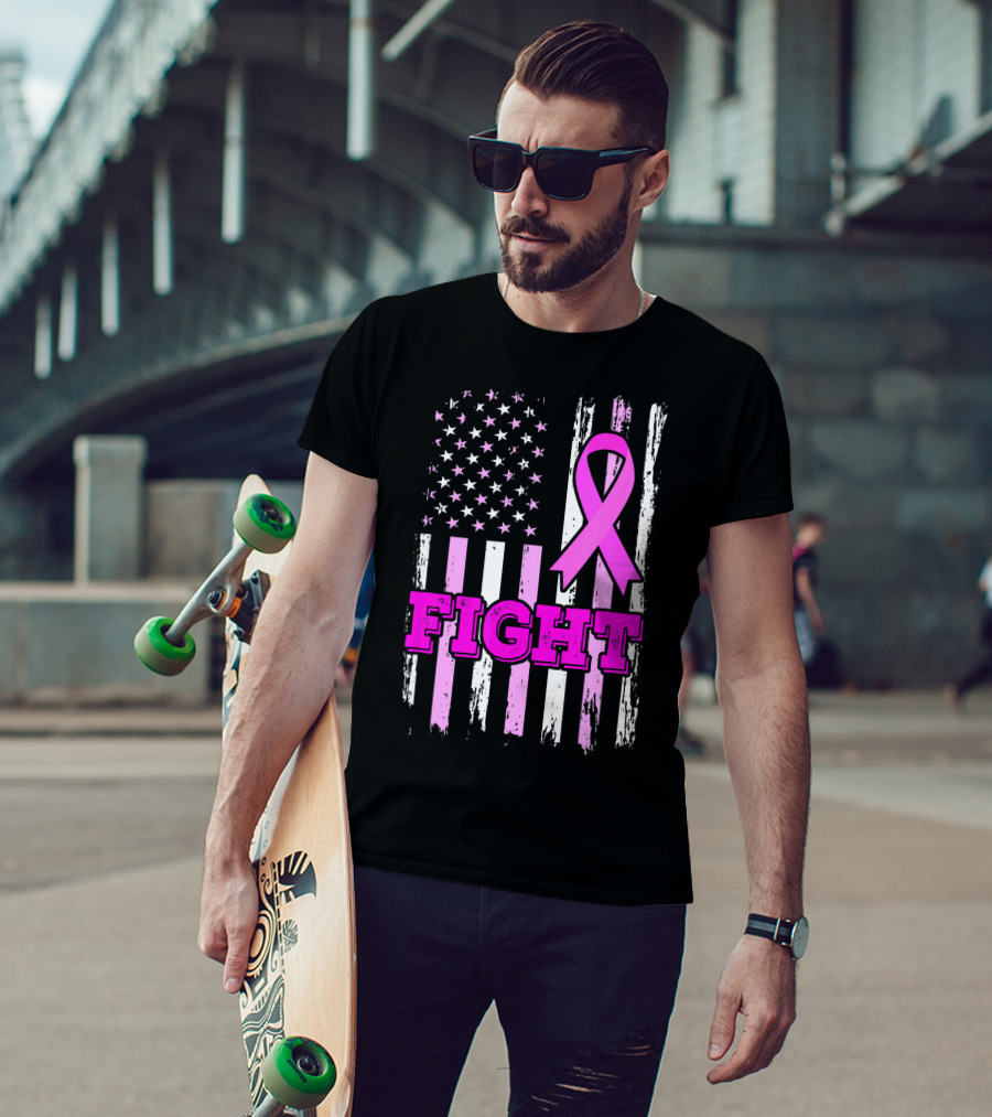 Fight Pink Ribbon American Flag Breast Cancer Awareness T-Shirt