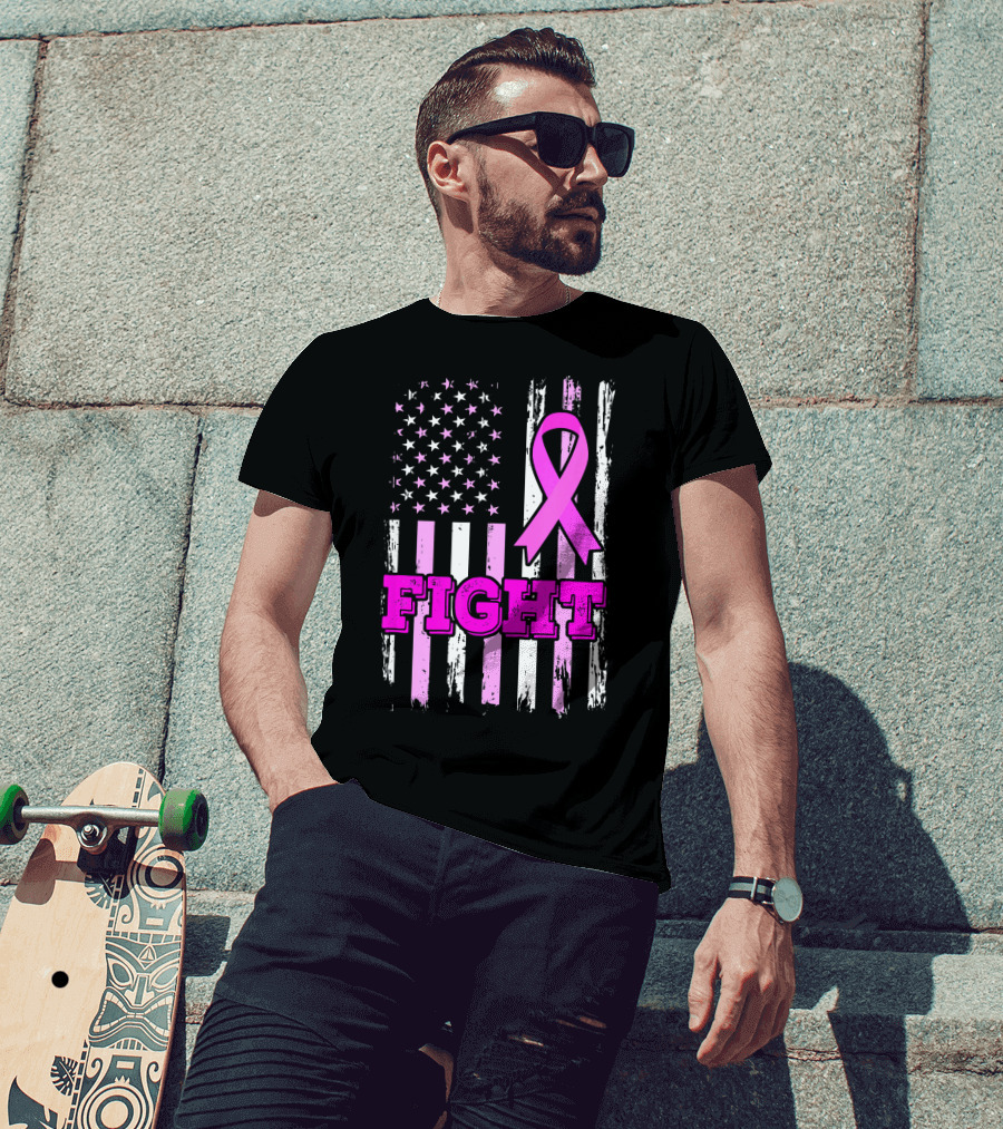 Fight Pink Ribbon American Flag Breast Cancer Awareness T-Shirt