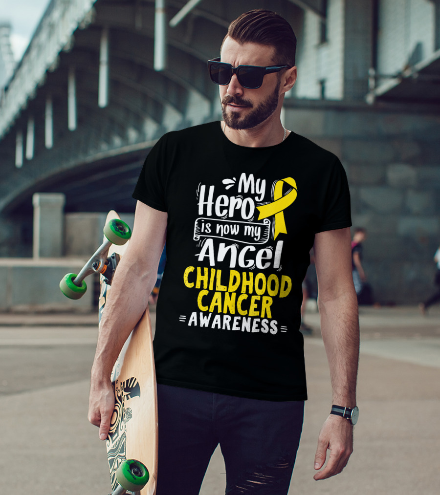 Gold Awareness Ribbon My Hero Is Now My Angel Childhood Cancer Awareness T-Shirt