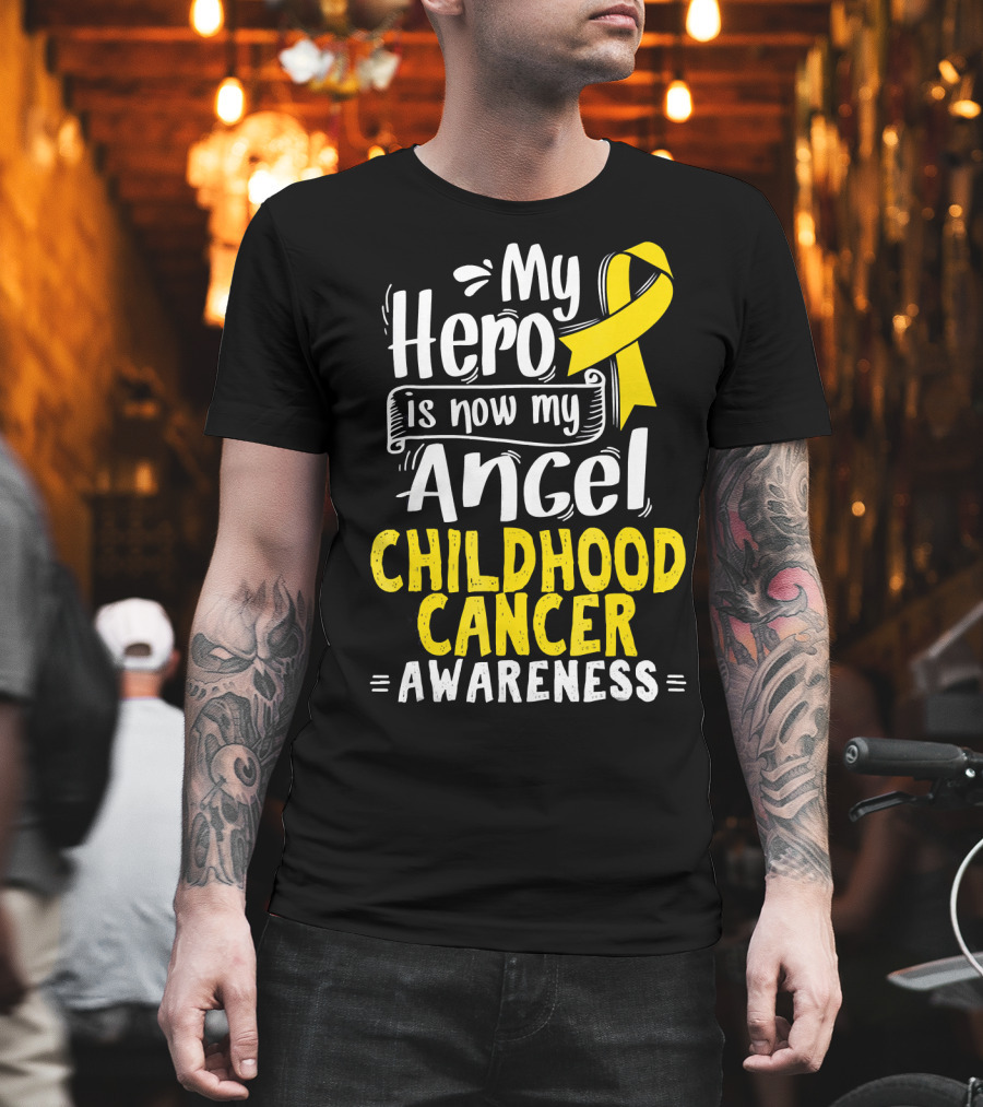 Gold Awareness Ribbon My Hero Is Now My Angel Childhood Cancer Awareness T-Shirt