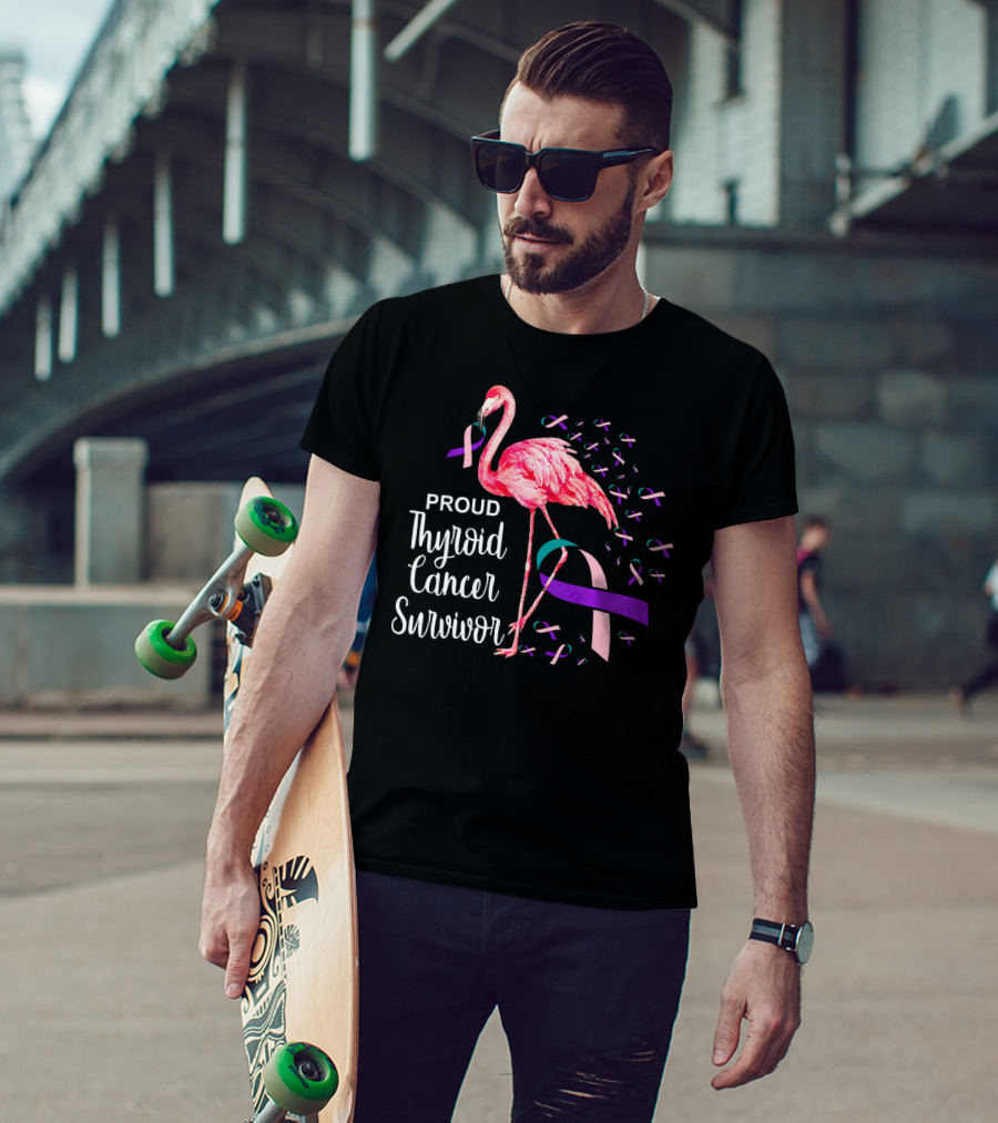 Proud Thyroid Cancer Survivor Flamingo Pink And Purple Ribbons T-Shirt