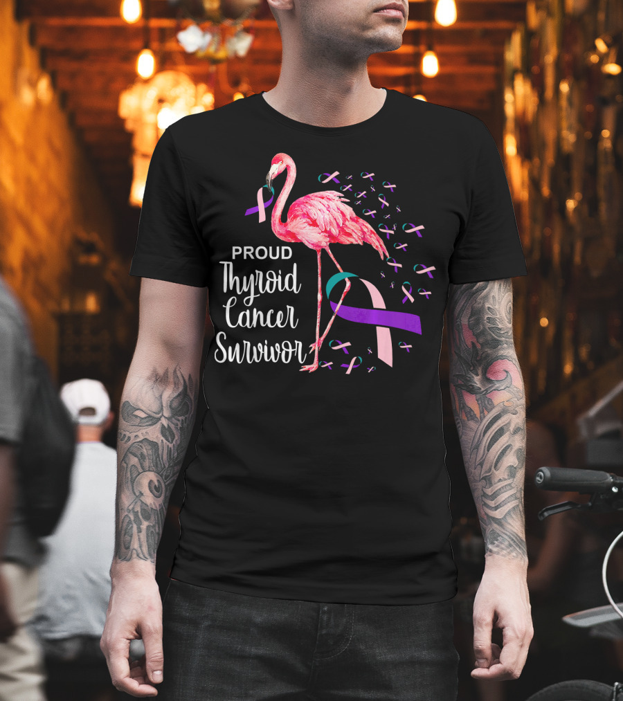 Proud Thyroid Cancer Survivor Flamingo Pink And Purple Ribbons T-Shirt