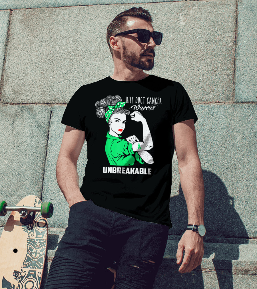 Bile Duct Cancer Warrior Unbreakable Rosie The Riveter Style With Awareness T-Shirt