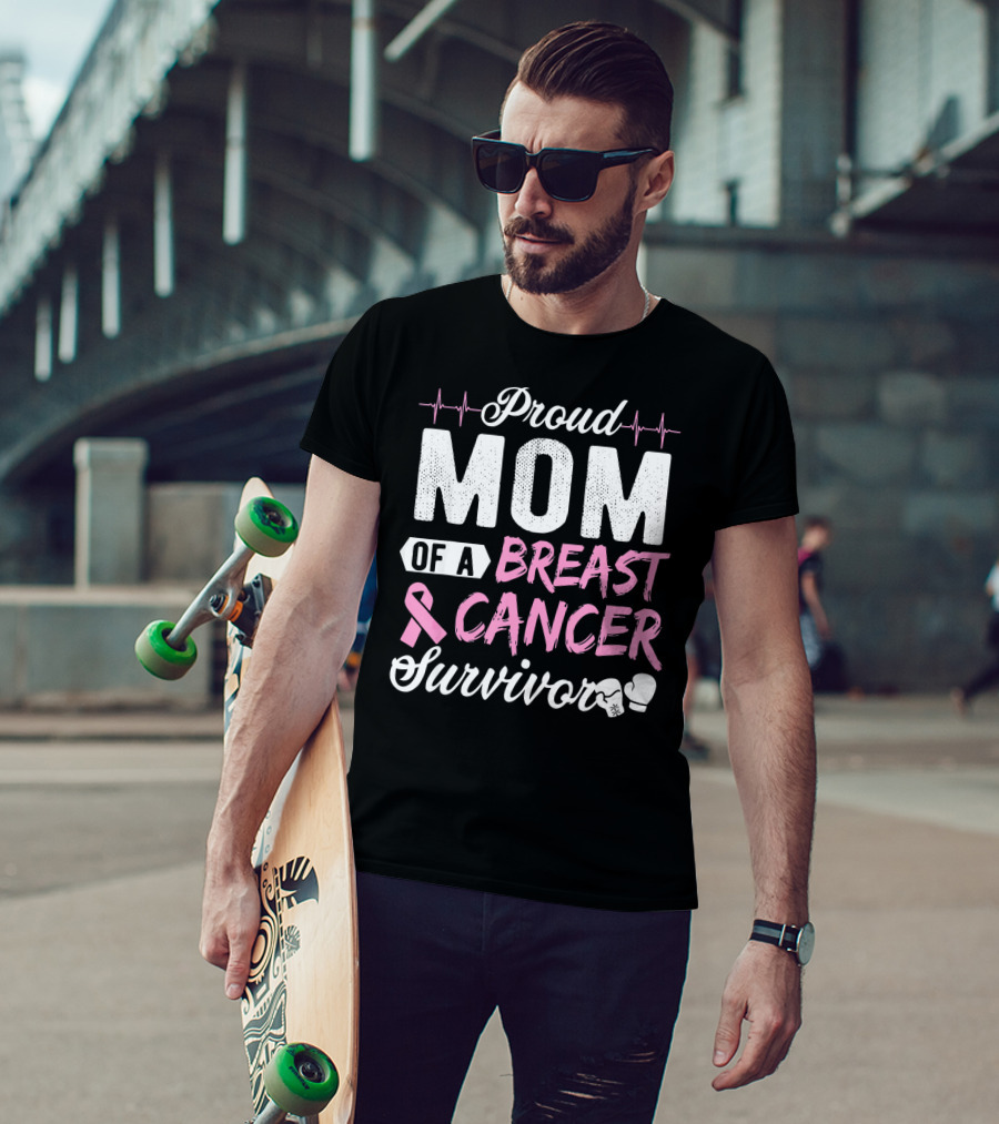 Proud Mom Of A Breast Cancer Survivor Pink Ribbon And Boxing Gloves T-Shirt
