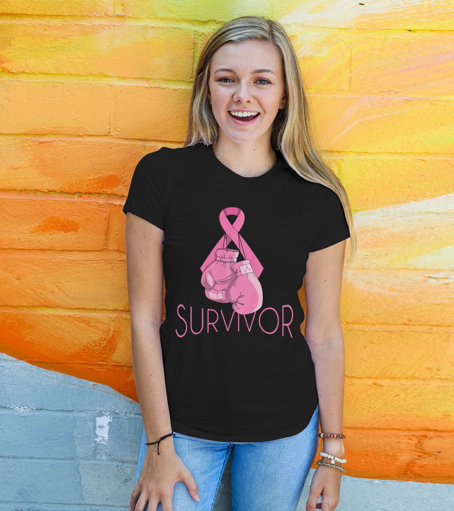 Survivor Breast Cancer Awareness Pink Ribbon Boxing Gloves T-Shirt