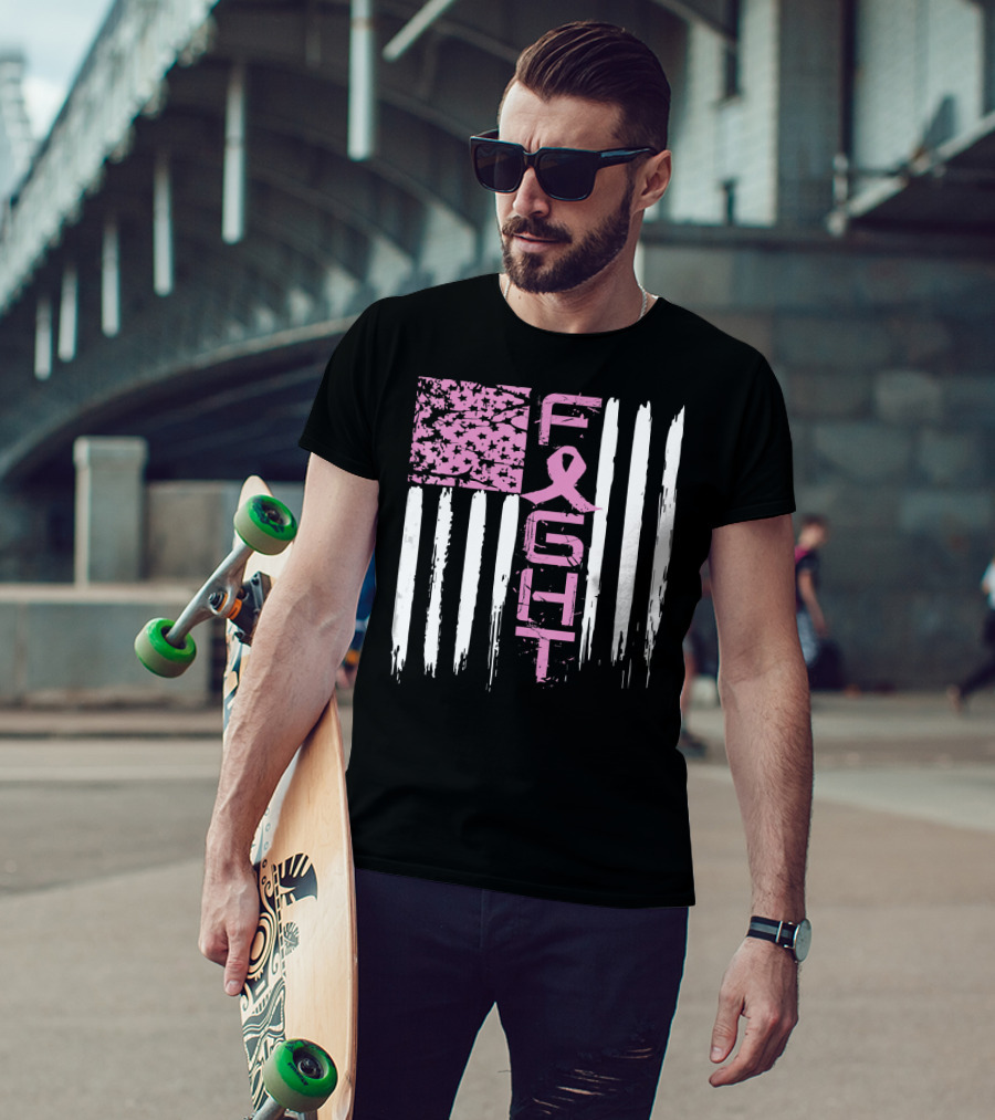 Fight Cancer Awareness Breast Pink Ribbon American Flag T-Shirt