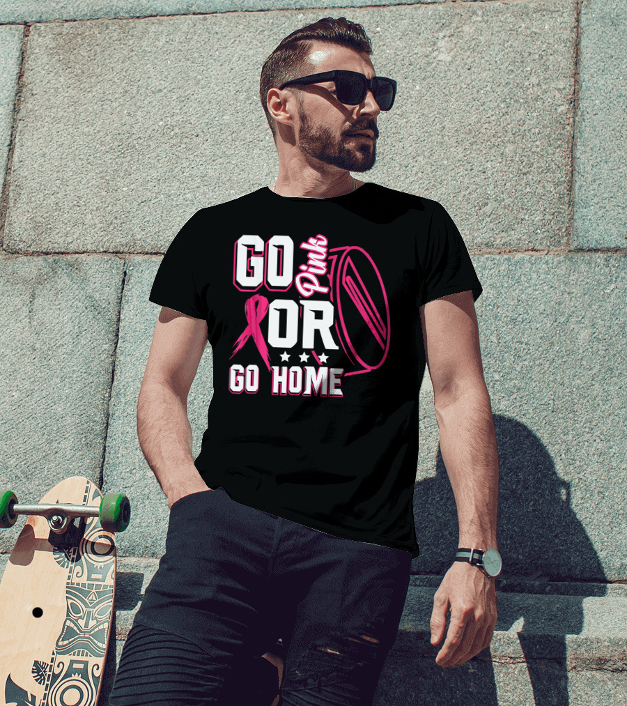 Go Pink Or Go Home Breast Cancer Hockey Awareness With Ribbon And Puck T-Shirt