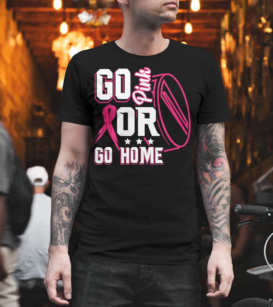 Go Pink Or Go Home Breast Cancer Hockey Awareness with Ribbon and Puck T-Shirt