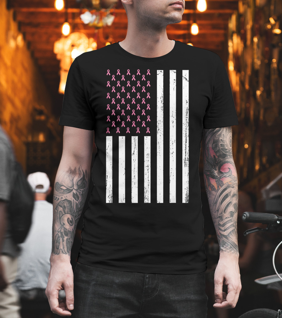 American Flag Pink Ribbons Breast Cancer Awareness T-Shirt