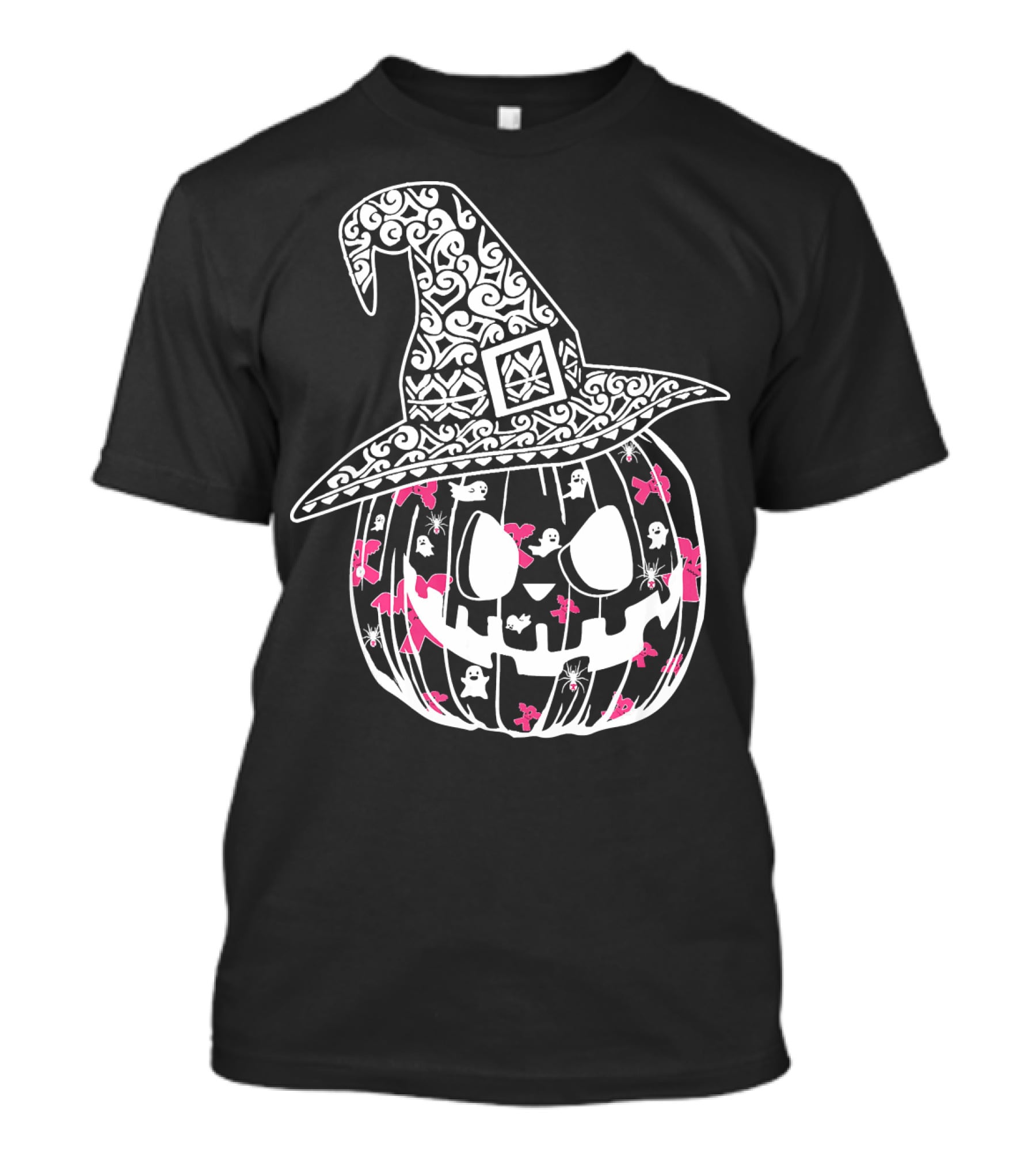 Halloween Carved Pumpkin With Pink Ribbon And Witch Hat For Breast Cancer Awareness T-Shirt
