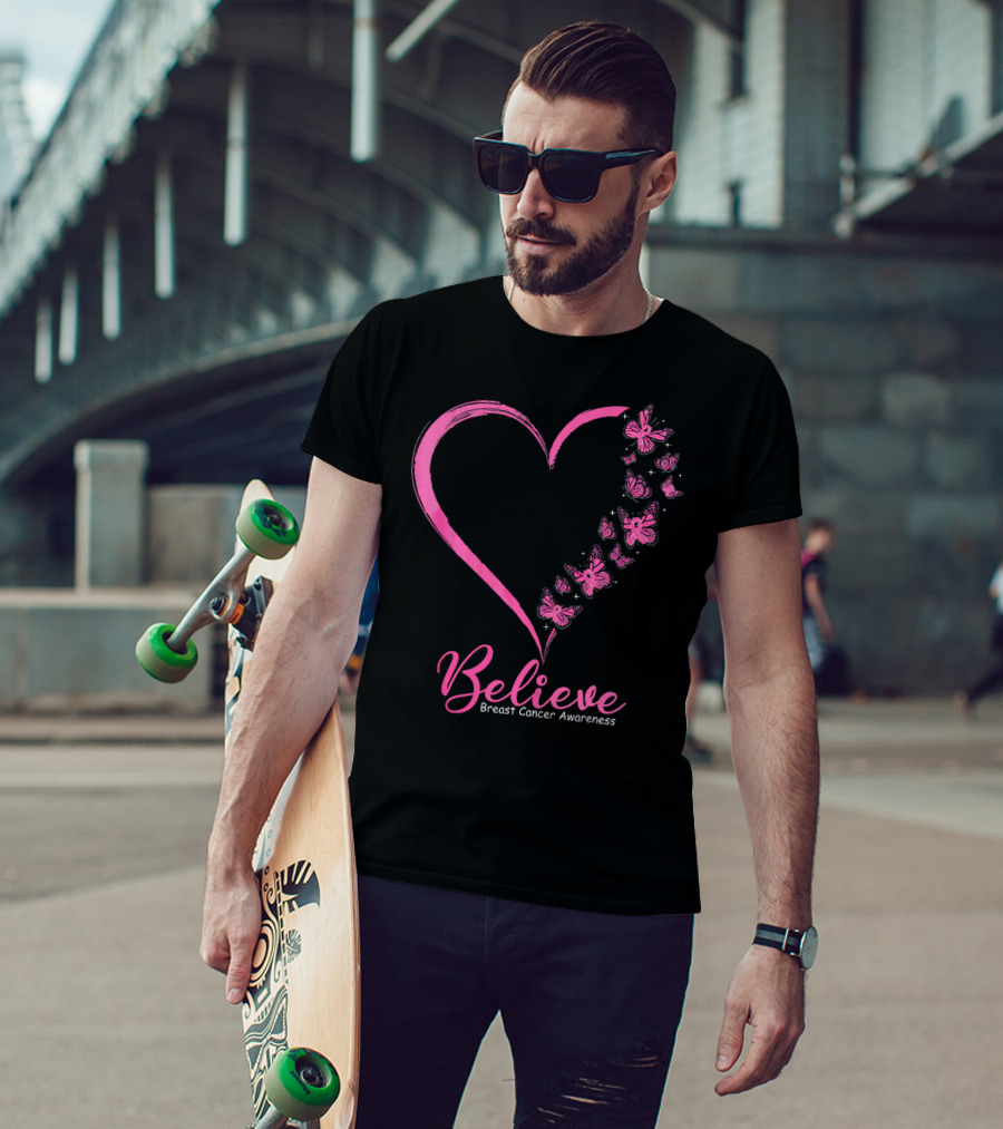 Believe Heart And Pink Butterflies Breast Cancer Awareness T-Shirt