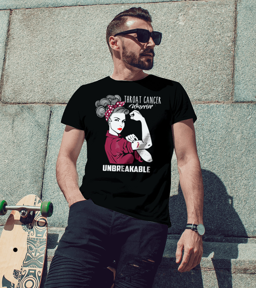 Throat Cancer Warrior Unbreakable Rosie The Riveter Ribbon Empowerment T-Shirt