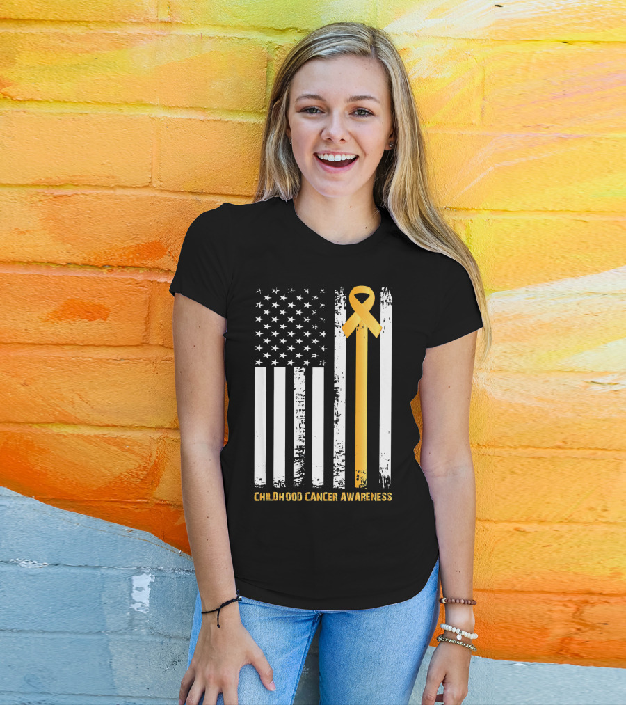 Childhood Cancer Awareness Gold Ribbon American Flag T-Shirt
