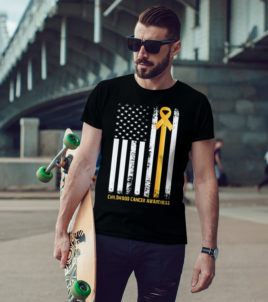Childhood Cancer Awareness Gold Ribbon American Flag T-Shirt