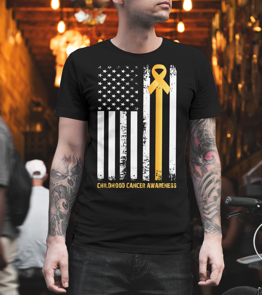 Childhood Cancer Awareness Gold Ribbon American Flag T-Shirt