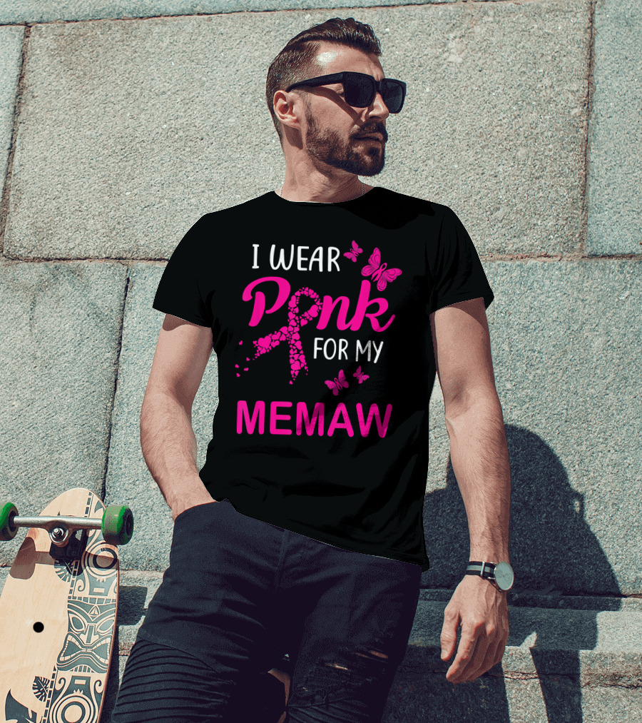 I Wear Pink For My Memaw Butterfly Heart Ribbon Breast Cancer T-Shirt