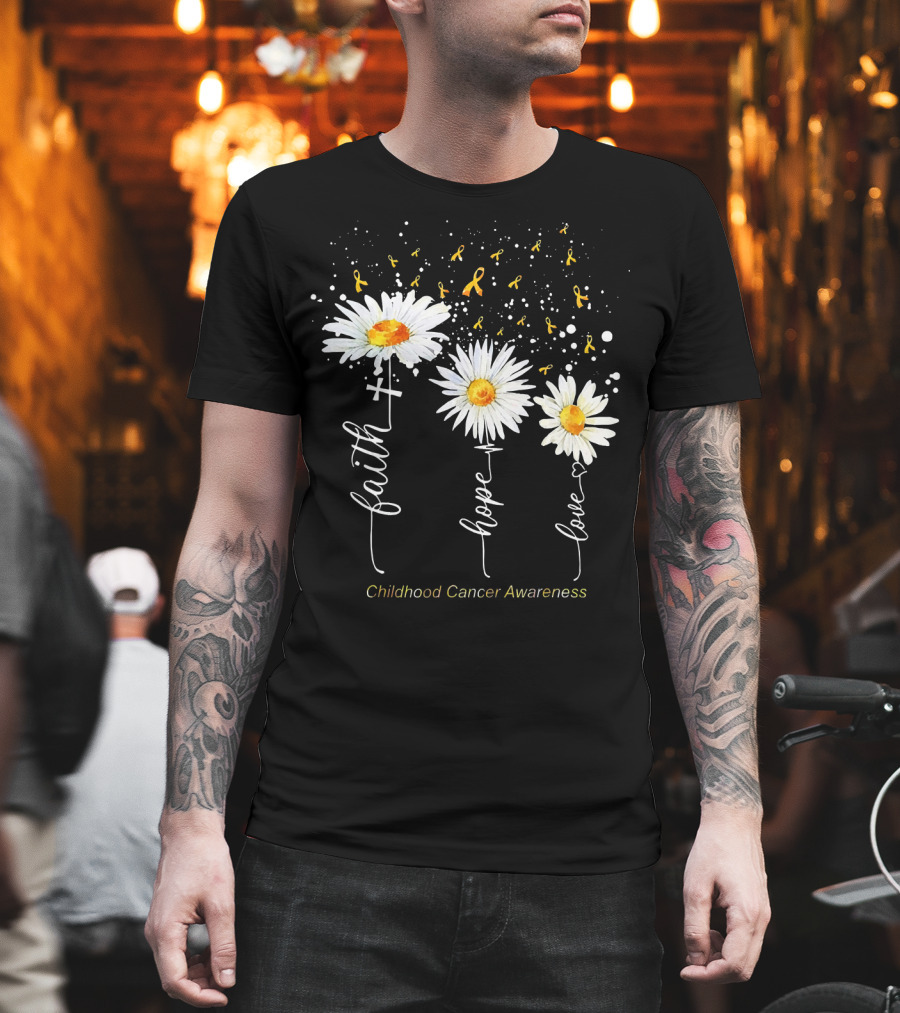 Faith Hope Love Childhood Cancer Awareness Daisies and Ribbons T-Shirt