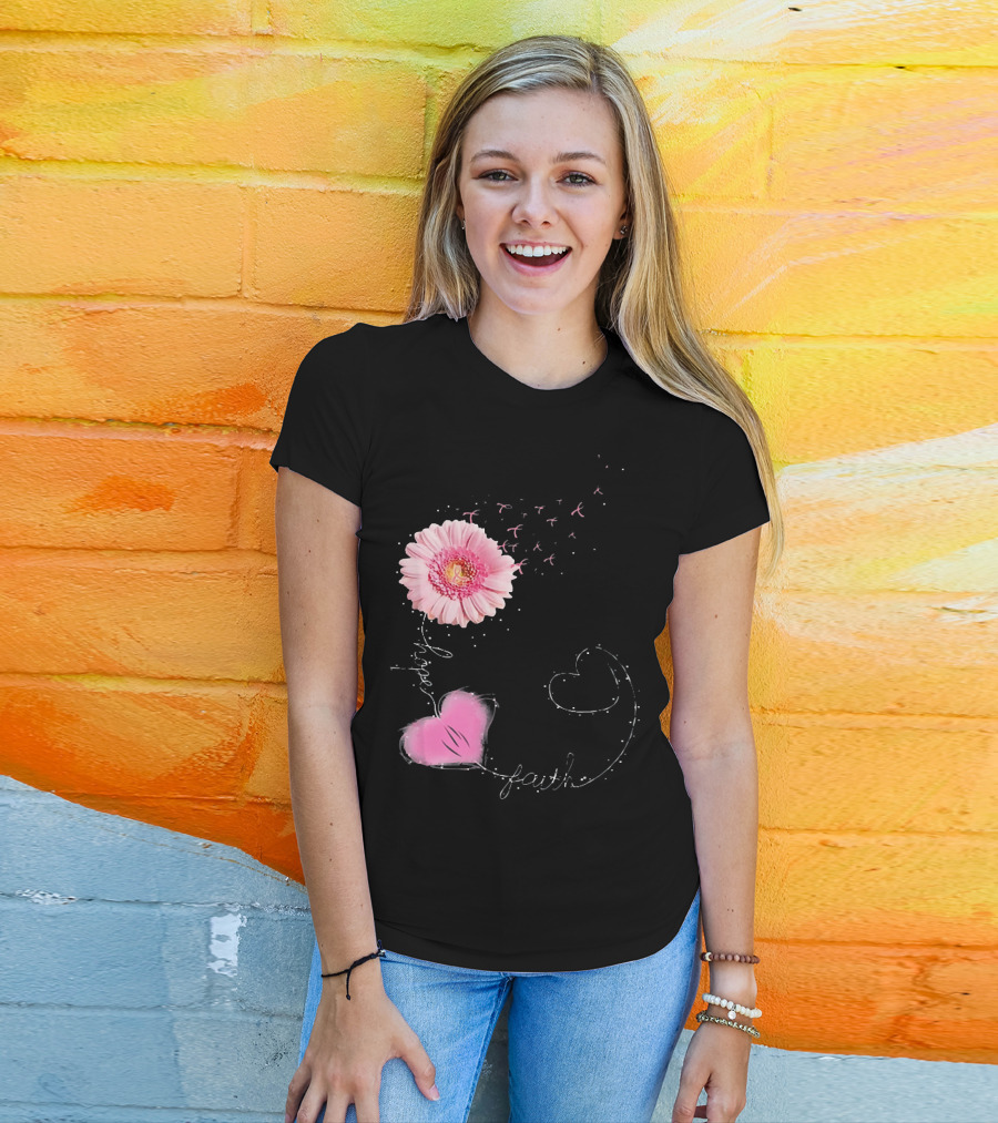 Hope Faith Pink Flower Hearts Breast Cancer Awareness T-Shirt