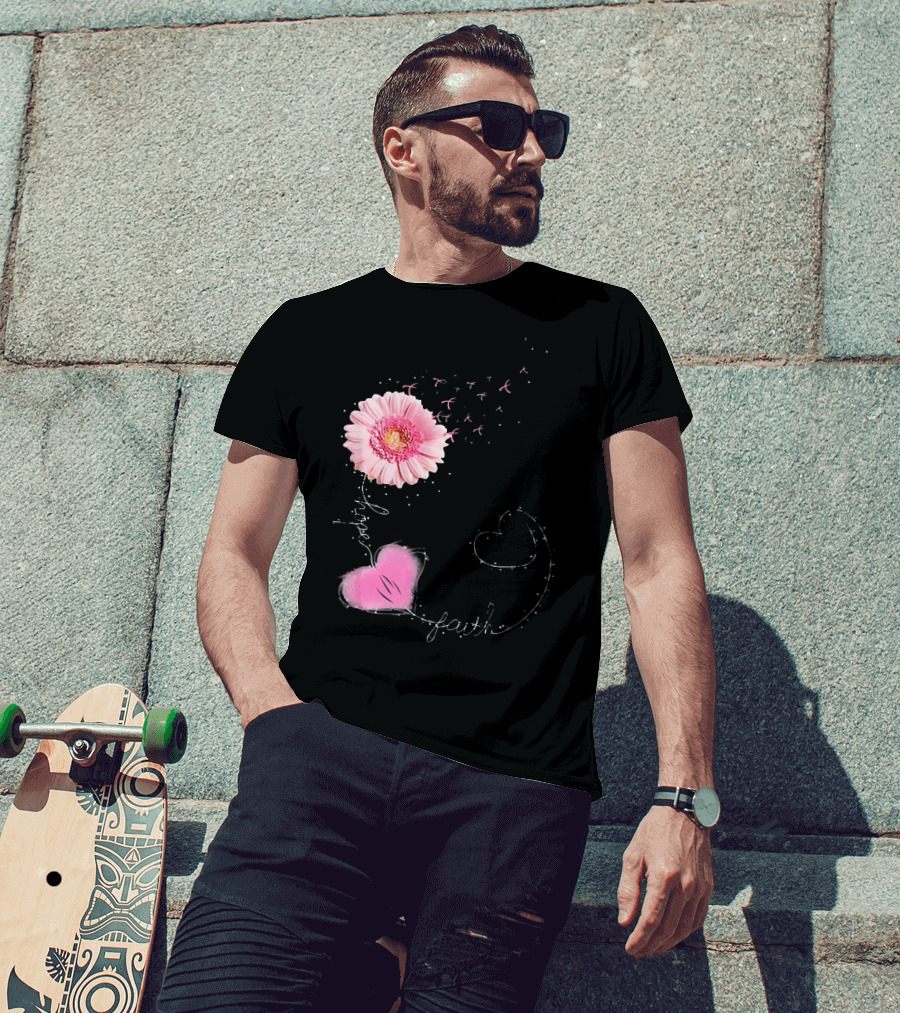 Hope Faith Pink Flower Hearts Breast Cancer Awareness T-Shirt