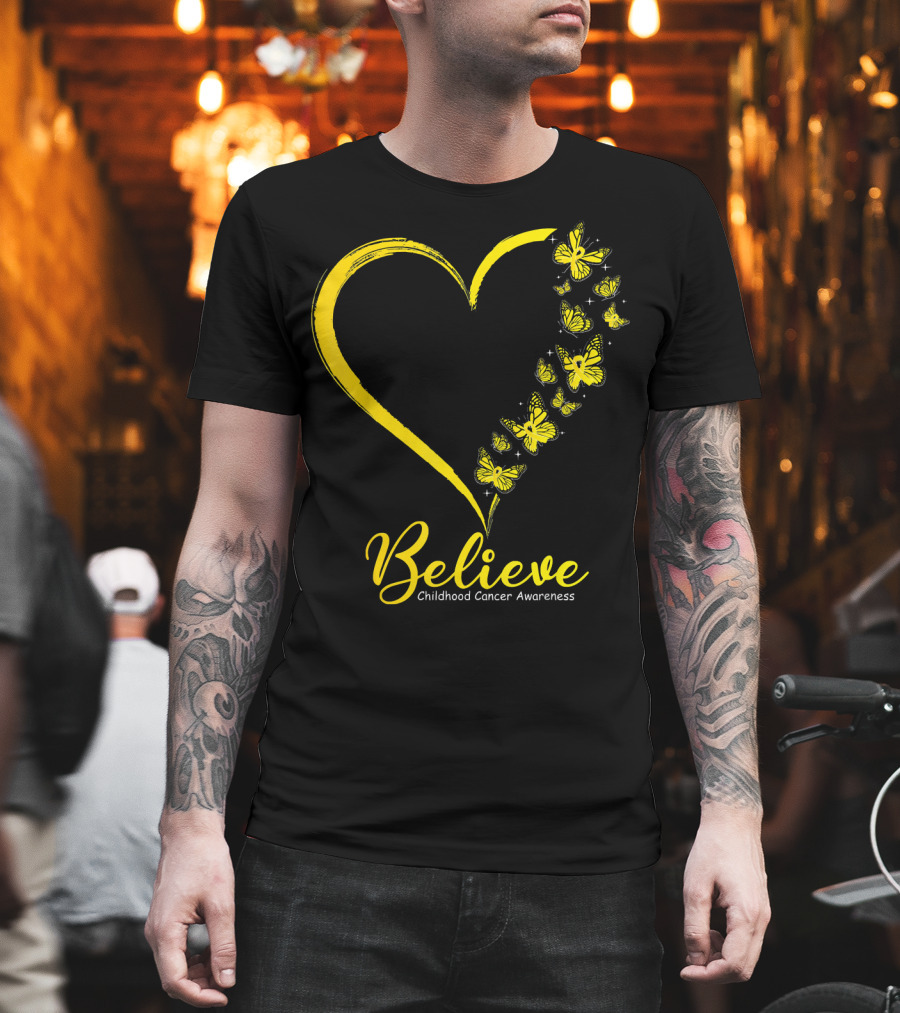 Believe Butterfly Heart Childhood Cancer Awareness T-Shirt