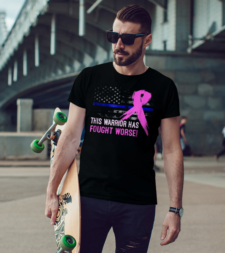 Thin Blue Line American Flag Pink Ribbon This Warrior Has Fought Worse T-Shirt