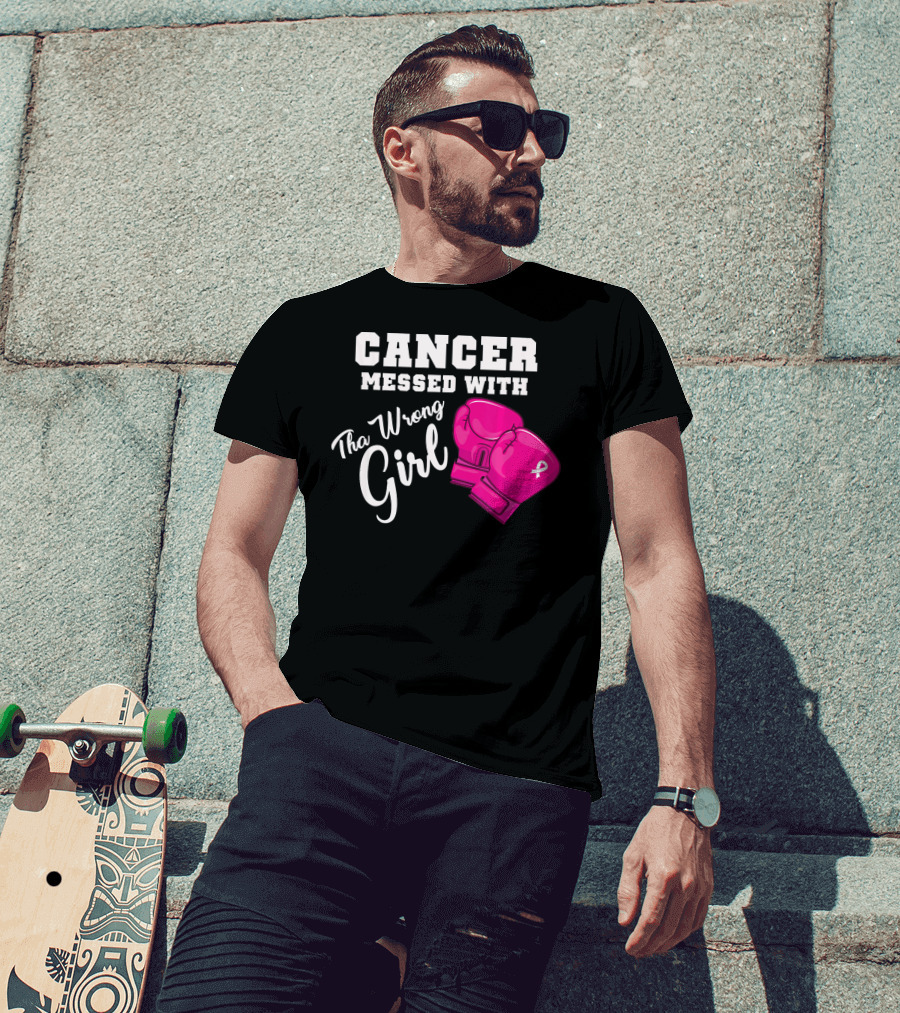 Cancer Messed With The Wrong Girl Boxing Gloves Breast Cancer Awareness T-Shirt