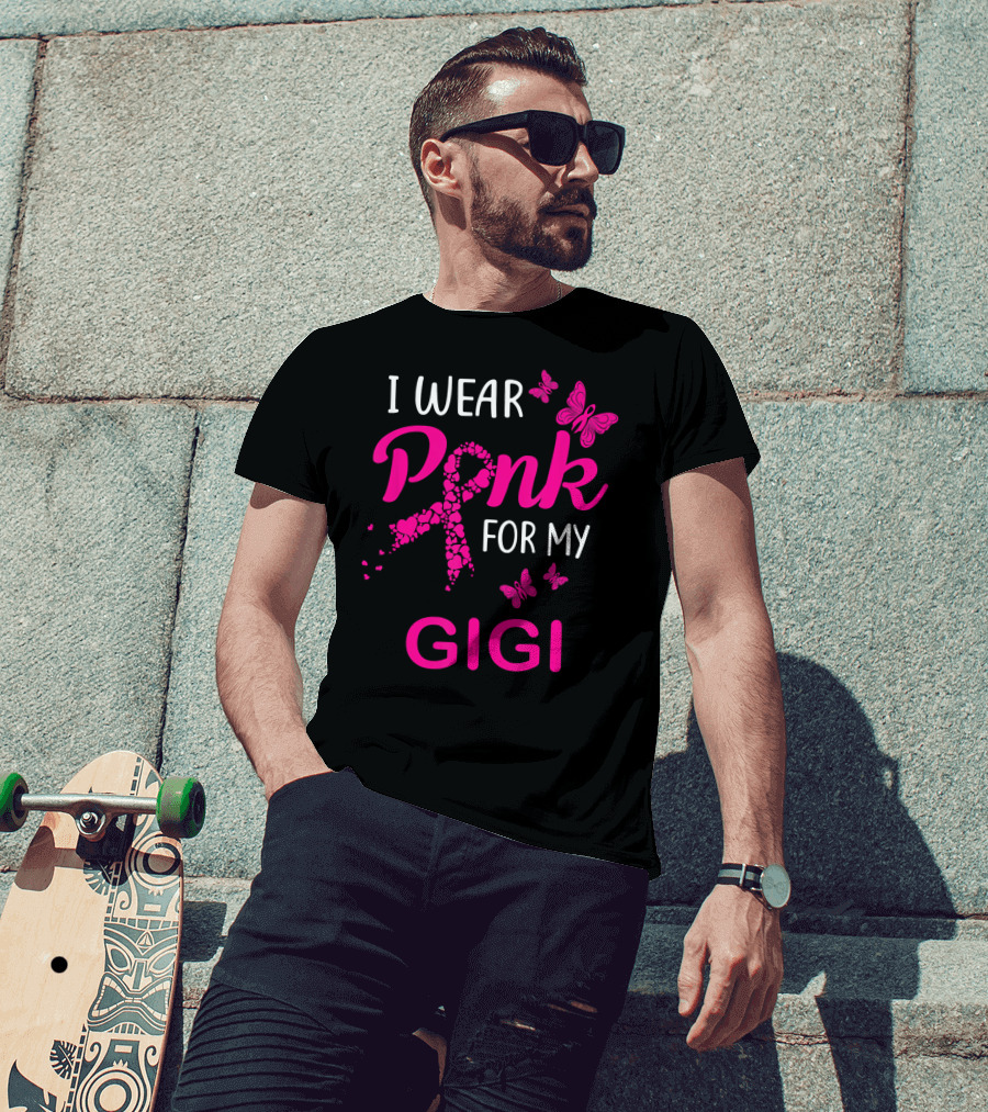 I Wear Pink For My Gigi Breast Cancer Awareness Butterfly Hearts T-Shirt