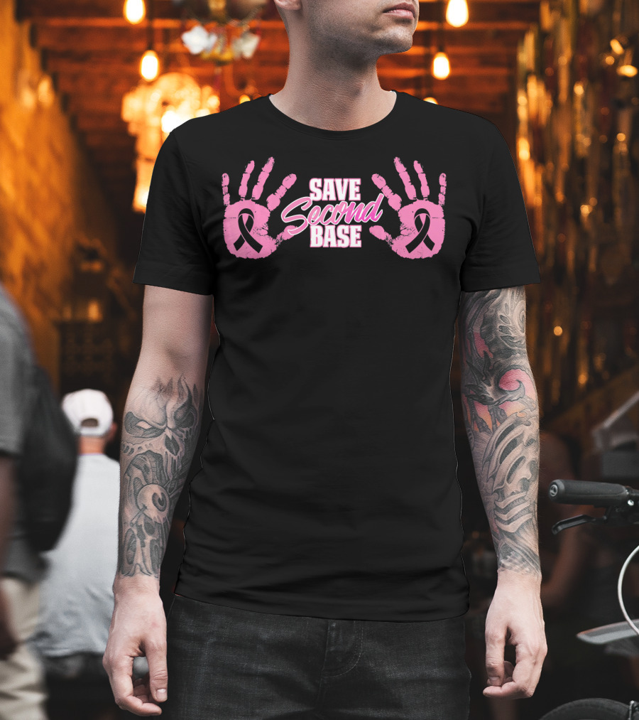 Save Second Base Pink Handprints Breast Cancer Awareness October Warrior T-Shirt