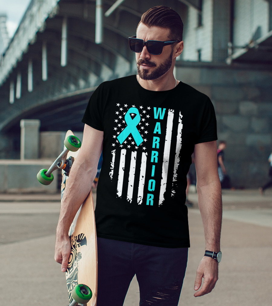 Warrior Teal Ribbon American Flag Ovarian Cancer T-Shirt
