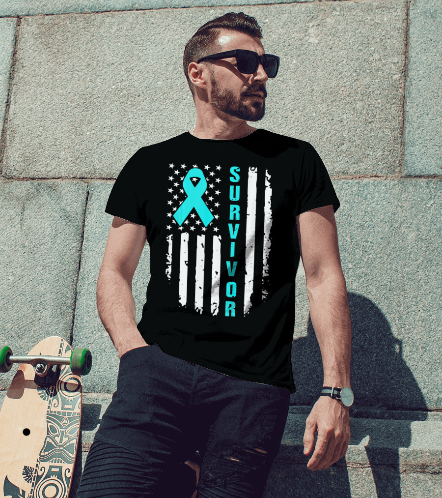 Survivor Ovarian Cancer Awareness American Flag T-Shirt