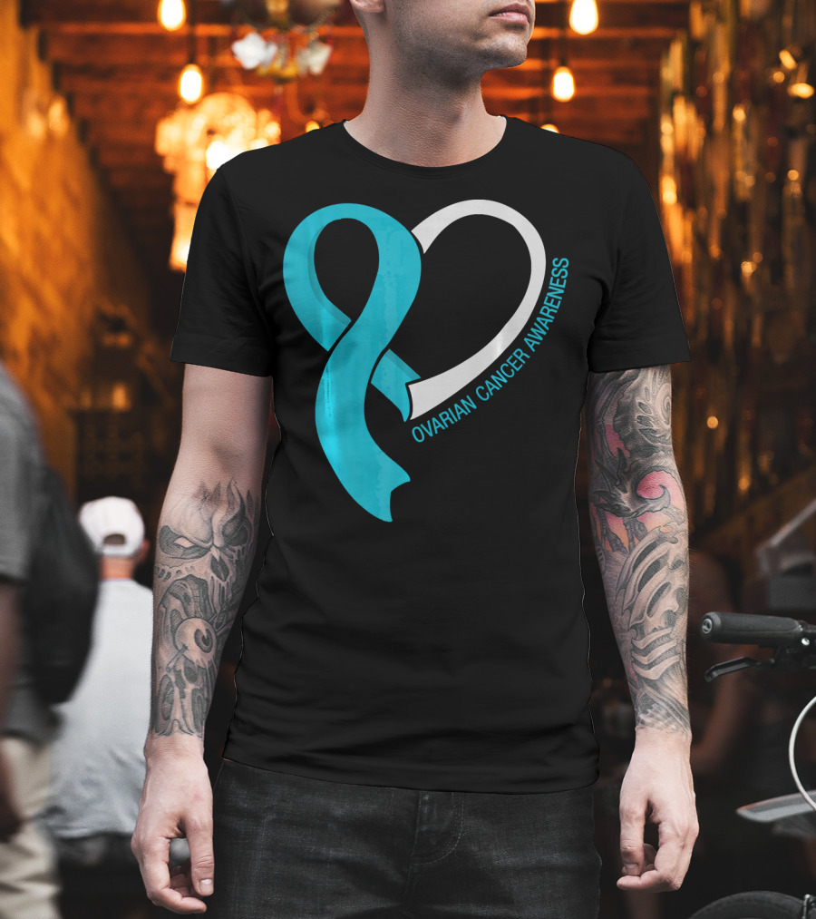 Ovarian Cancer Teal Heart Ribbon Awareness T-Shirt
