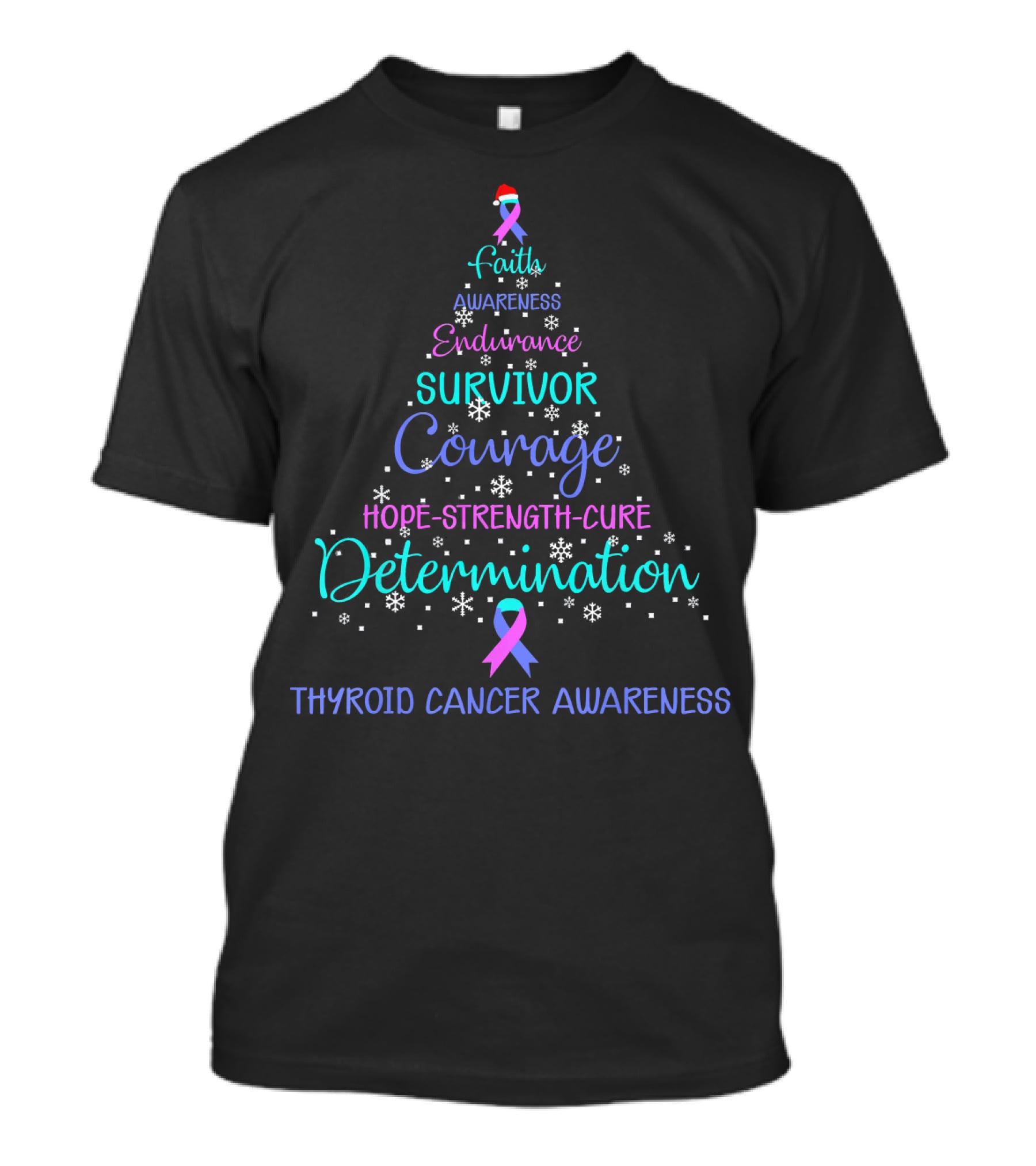 Faith Courage Determination Thyroid Cancer Awareness Xmas Tree Survivor T-Shirt