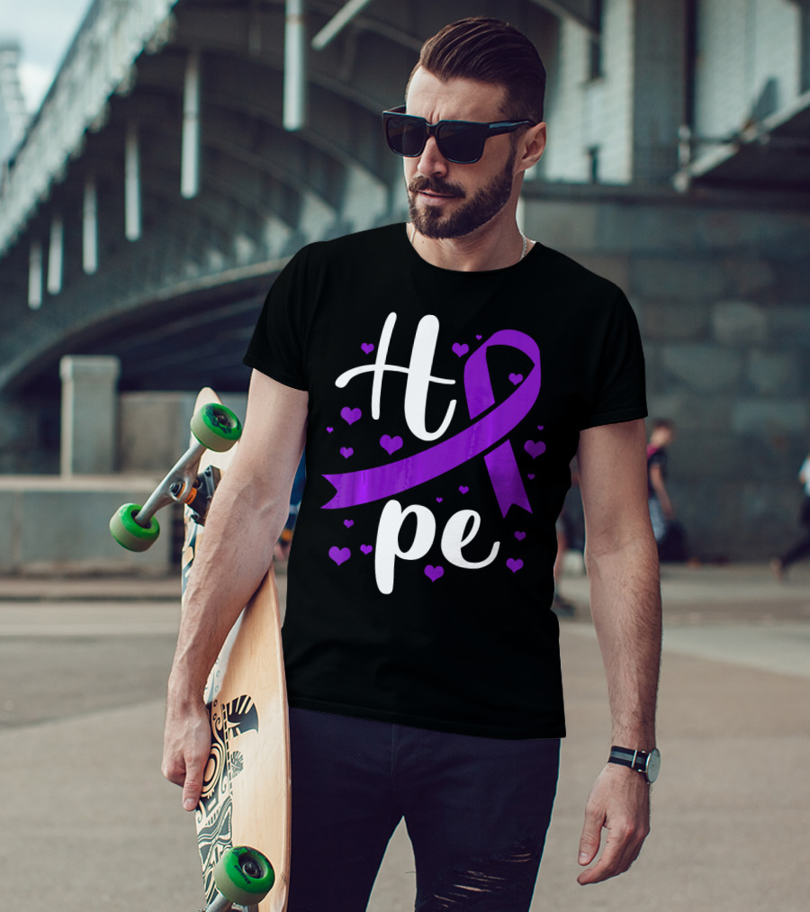 Hope Pancreatic Cancer Awareness Women Purple Ribbon Hearts T-Shirt