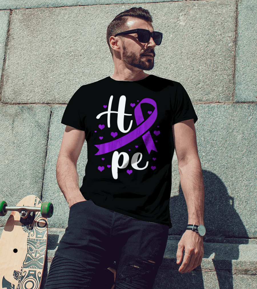 Hope Pancreatic Cancer Awareness Women Purple Ribbon Hearts T-Shirt