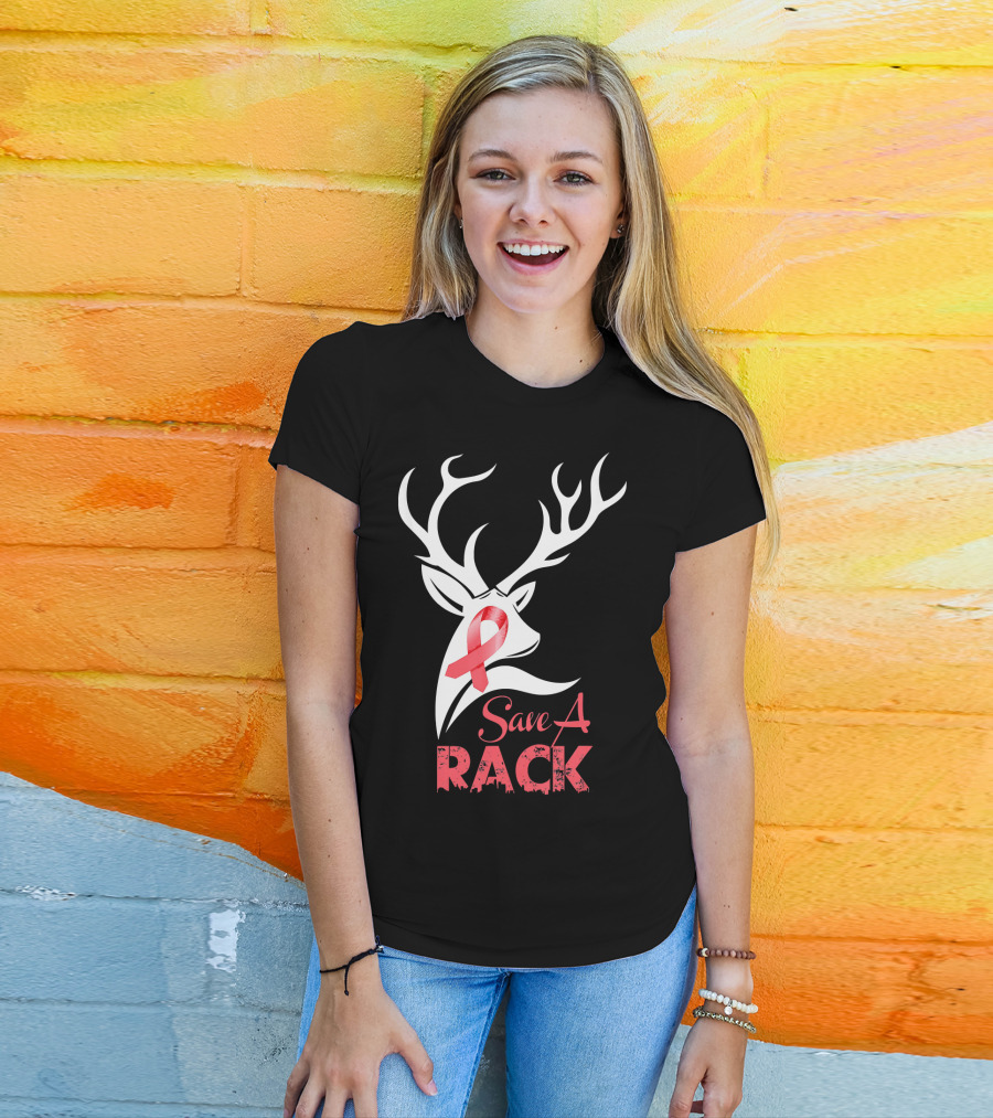 Save A Rack Breast Cancer Awareness Pink Ribbon Deer Antlers T-Shirt