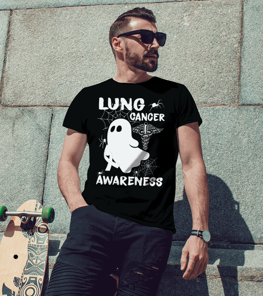 Lung Cancer Awareness Boo Ghost With Spider Webs And Spider T-Shirt