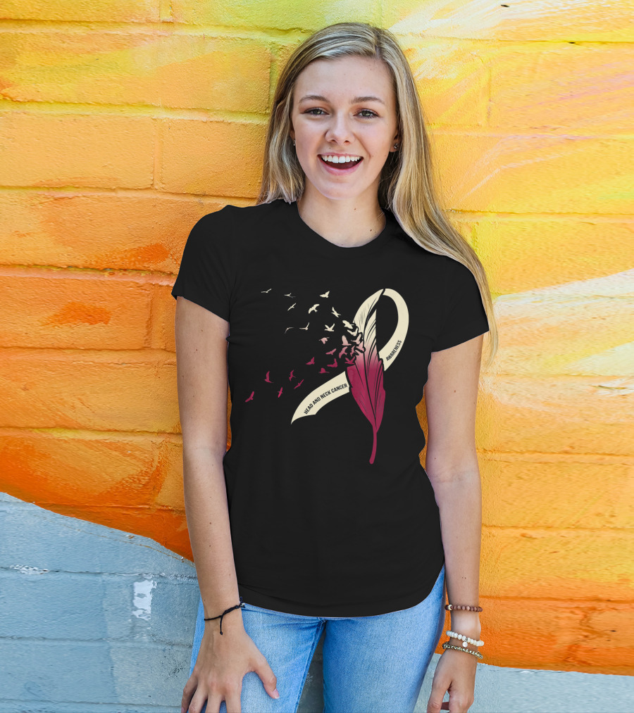 Head And Neck Cancer Awareness Feather Ribbon With Birds T-Shirt