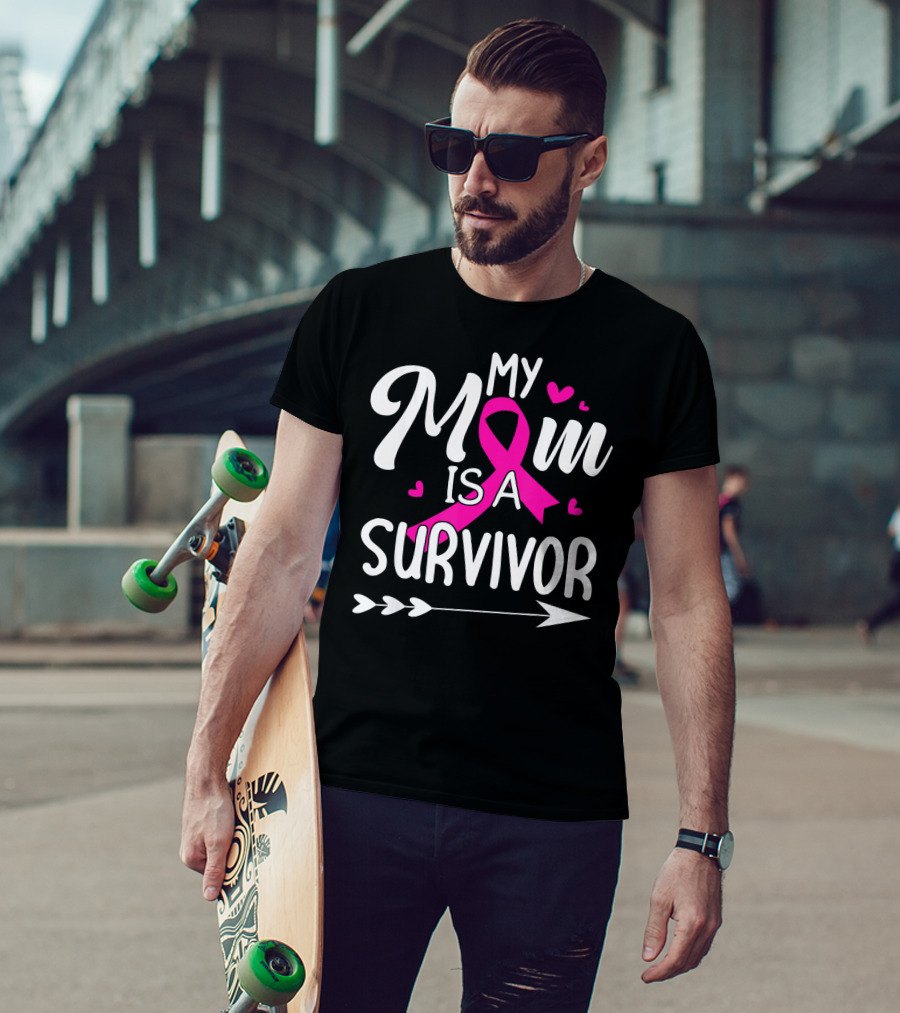 My Mom Is A Survivor Breast Cancer Awareness Pink Ribbon Hearts Arrow T-Shirt