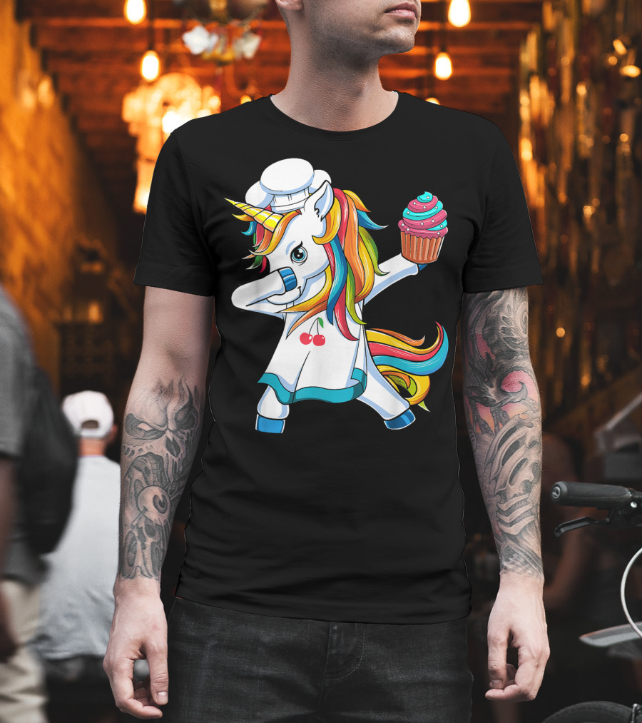 Dabbing Unicorn Rainbow Chef with Cupcake T-Shirt