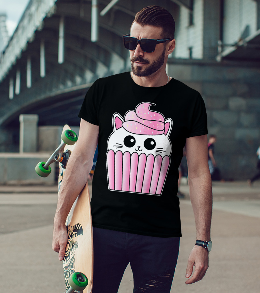 Kawaii Cat Cupcake Muffin In Pink Sweet Delight T-Shirt