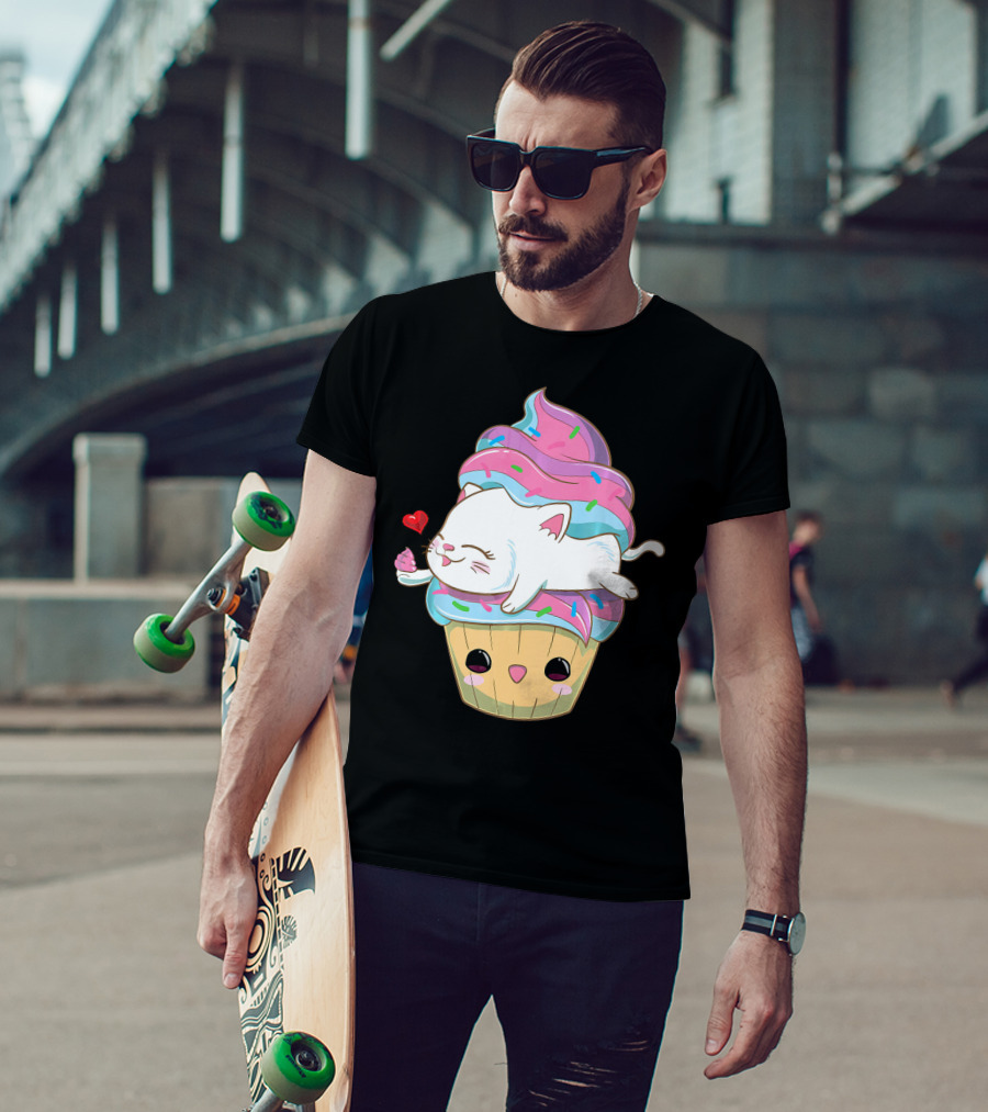 Cute Kawaii Cat On Pastel Sprinkles Cupcake With Heart Balloon T-Shirt