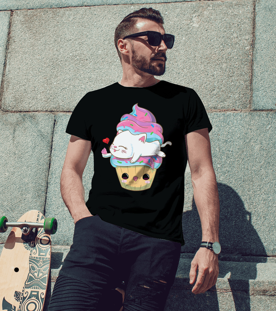 Cute Kawaii Cat On Pastel Sprinkles Cupcake With Heart Balloon T-Shirt