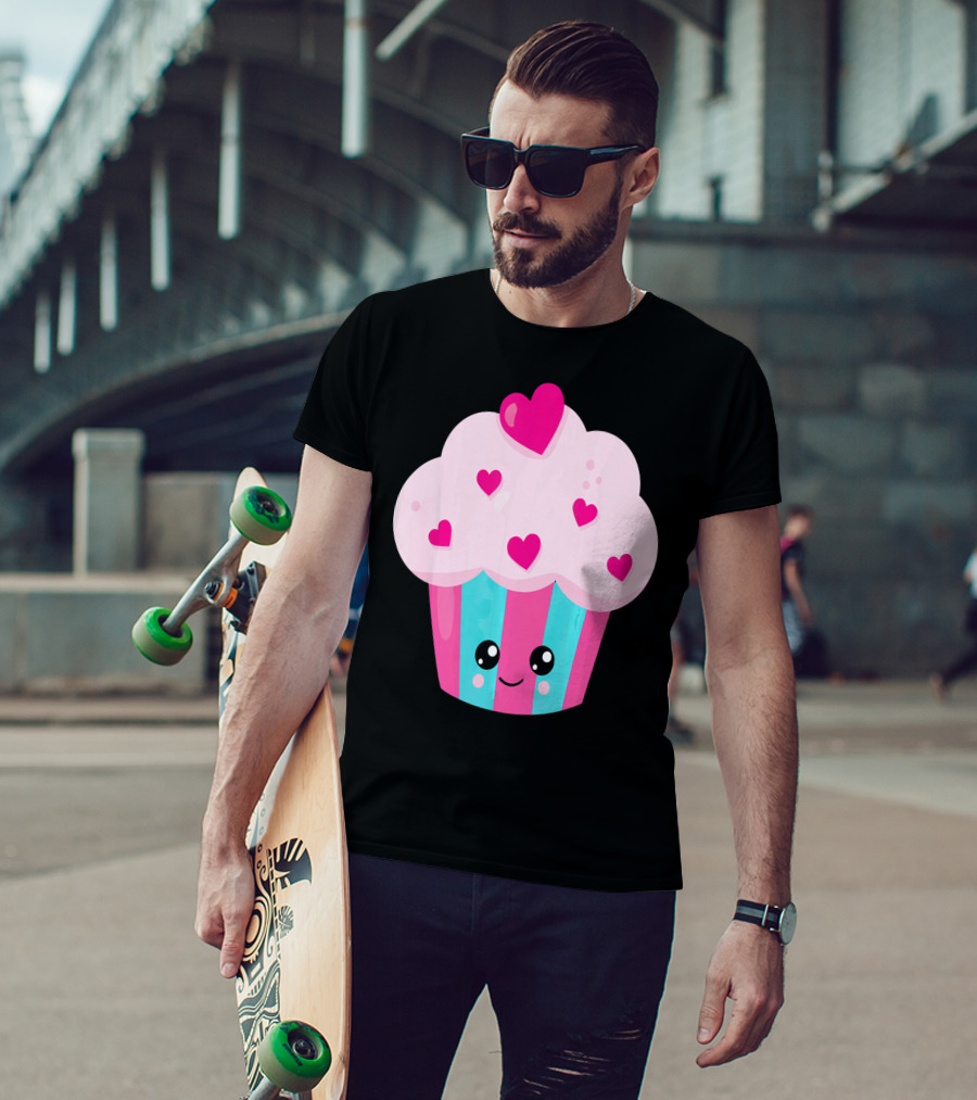 Kawaii Pink Hearts Cupcake With Cute Happy Face T-Shirt