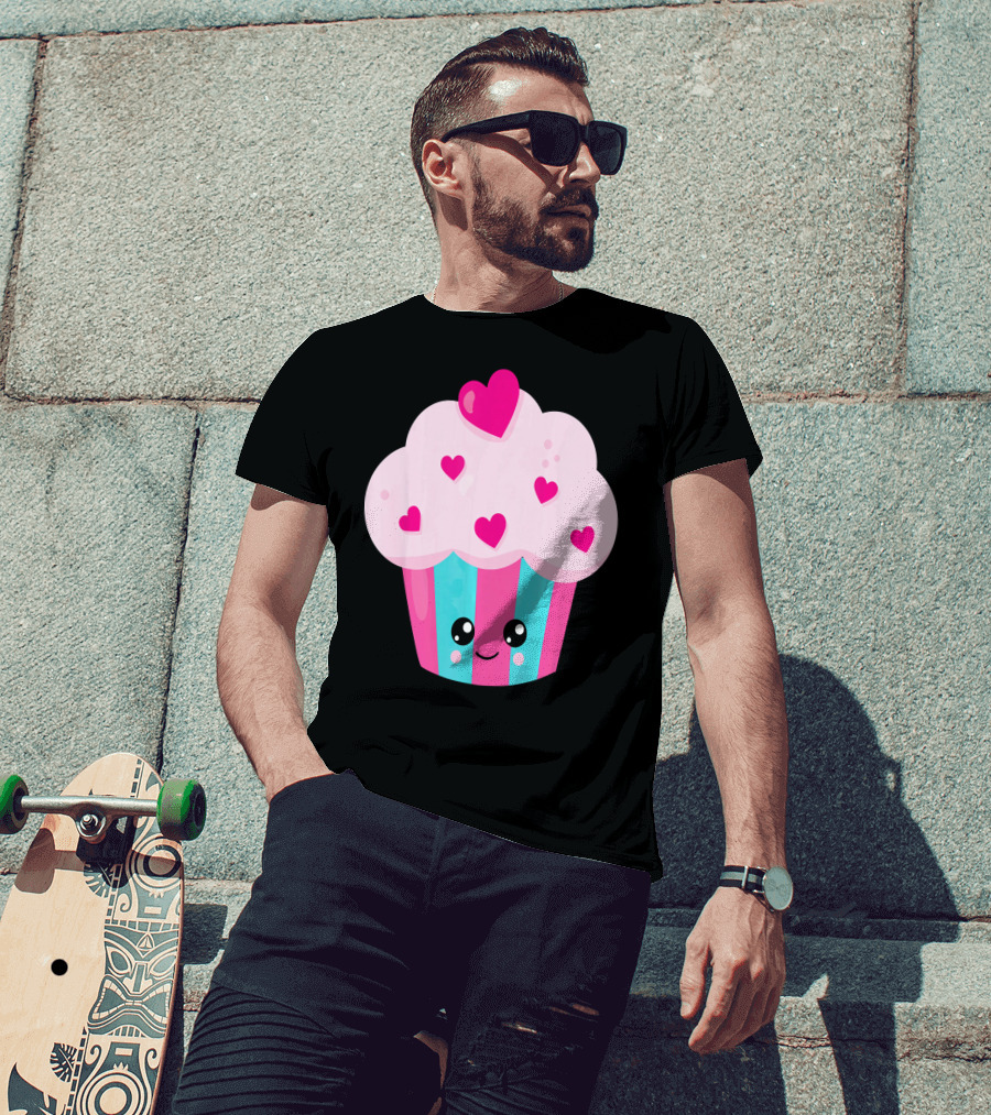 Kawaii Pink Hearts Cupcake With Cute Happy Face T-Shirt