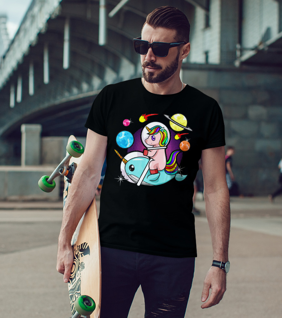 Unicorn Riding Narwhal Space Adventure With Planets And Astronaut Helmet T-Shirt