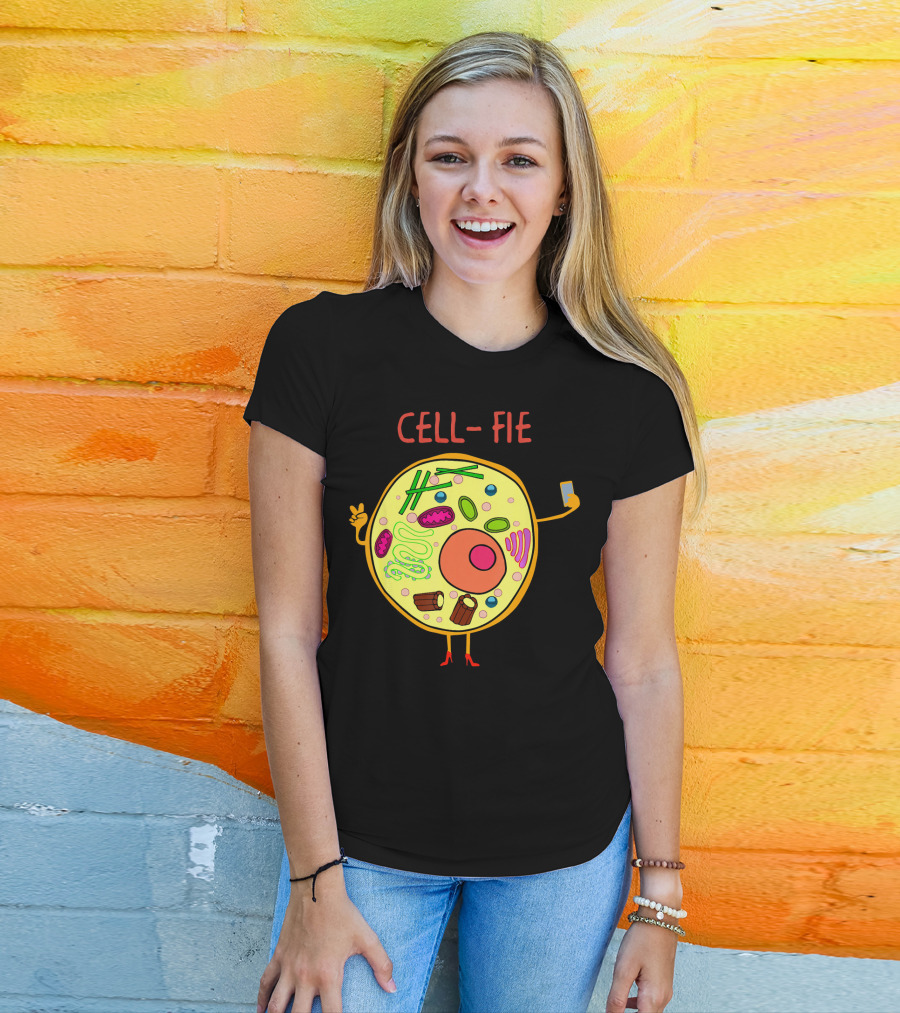 Cell-Fie Funny Science Tee Featuring Cartoon Cell Taking Selfie T-Shirt
