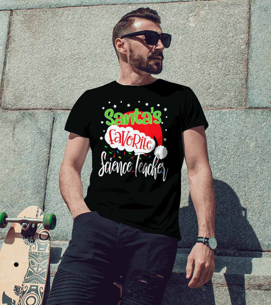 Santa's Favorite Science Teacher Christmas Hat Lights T-Shirt