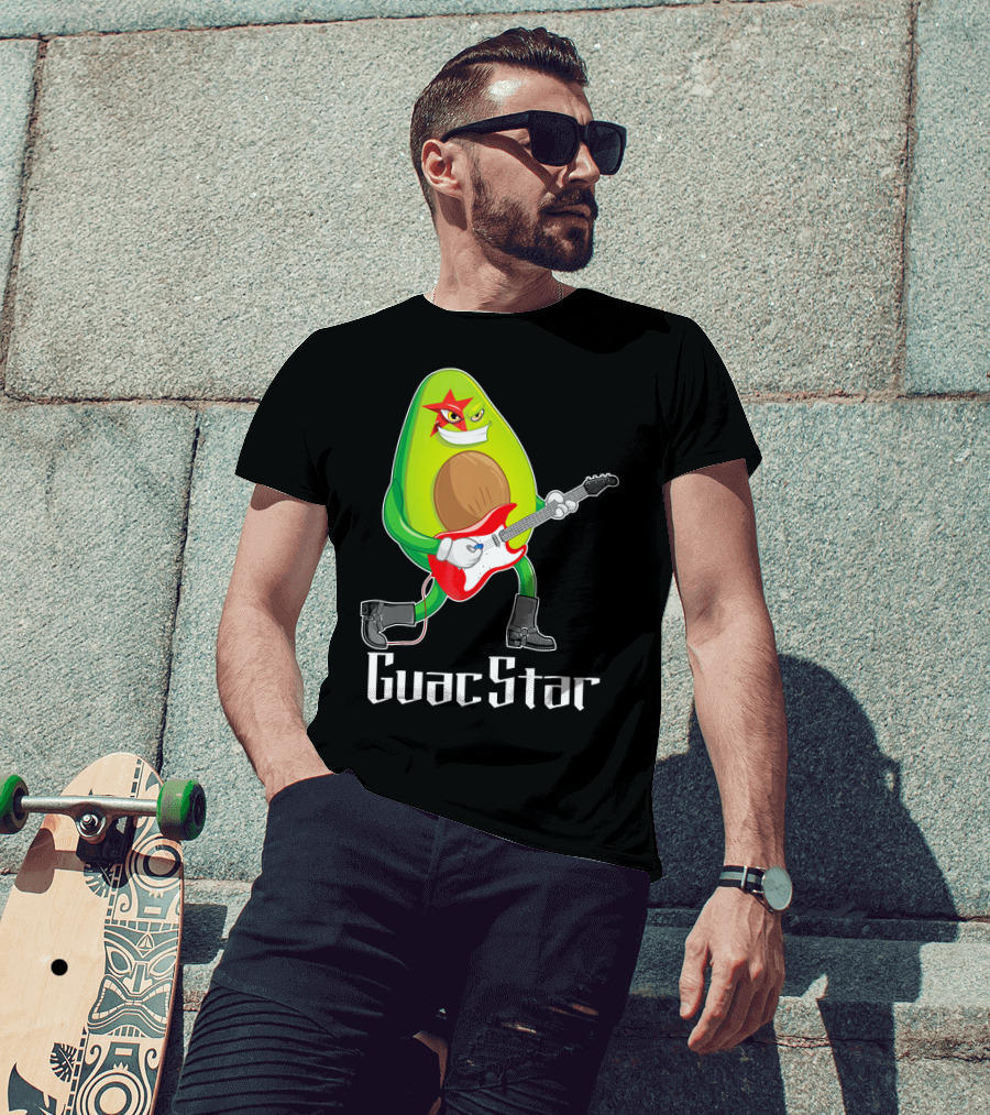 Guac Star Avocado Rock Star Playing Guitar With Red Boots T-Shirt