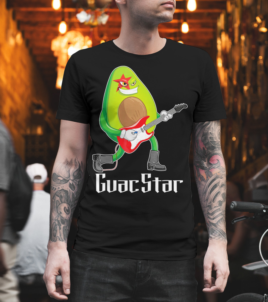 Guac Star Avocado Rock Star Playing Guitar with Red Boots T-Shirt